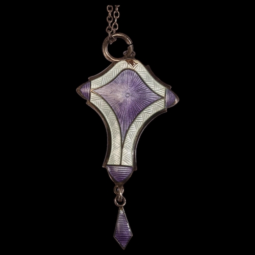 1308 - A George V Art Nouveau silver lilac and white enamel drop pendant and chain, maker's mark JA&S, Birm... 