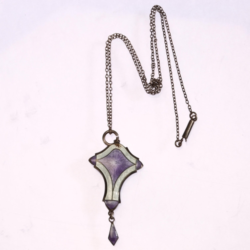 1308 - A George V Art Nouveau silver lilac and white enamel drop pendant and chain, maker's mark JA&S, Birm... 