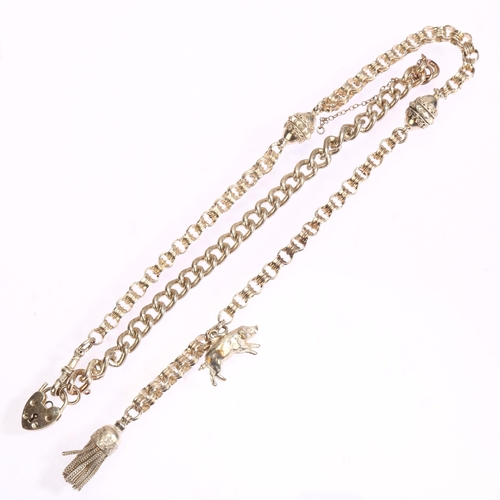 1310 - A silver mixed link necklace, with intermittent filigree ball links and a pig design fob, length 60c... 