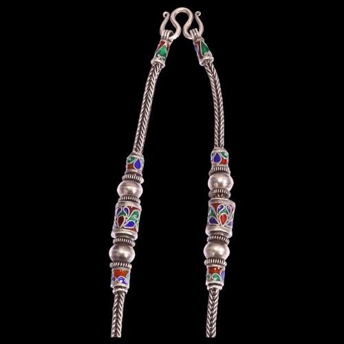 1313 - A silver and champleve enamel woven link necklace, marked 925, length 72cm