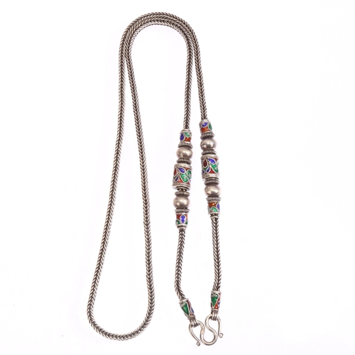 1313 - A silver and champleve enamel woven link necklace, marked 925, length 72cm