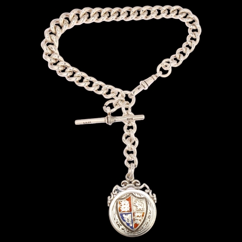 1314 - A silver solid curb link Albert watch chain, length 25cm, with silver and enamel double-sided fob, 6... 