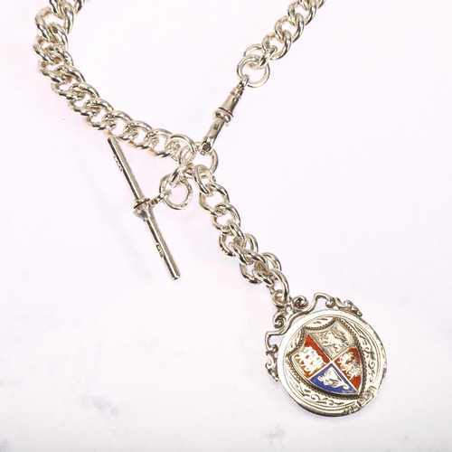 1314 - A silver solid curb link Albert watch chain, length 25cm, with silver and enamel double-sided fob, 6... 