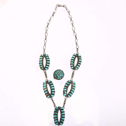 1318 - A silver and turquoise set pendant necklace, length 47cm, 47.4g, and a silver and turquoise set dome... 