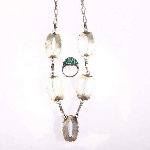 1318 - A silver and turquoise set pendant necklace, length 47cm, 47.4g, and a silver and turquoise set dome... 