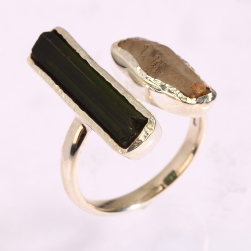 1321 - A modern silver tourmaline and quartz abstract design ring, setting height 24mm, size O, 6.2g