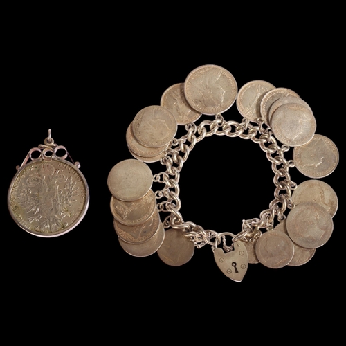 1325 - A coin-mounted silver charm bracelet, and a Maria Theresa 1780 silver coin in silver pendant mount, ... 