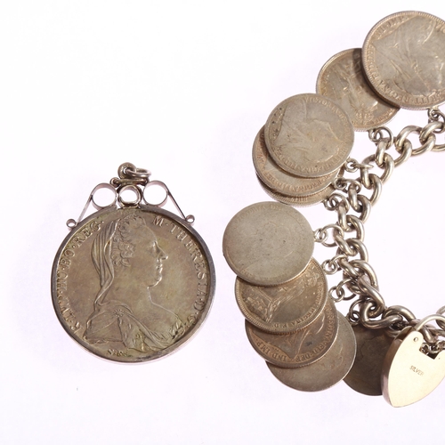 1325 - A coin-mounted silver charm bracelet, and a Maria Theresa 1780 silver coin in silver pendant mount, ... 