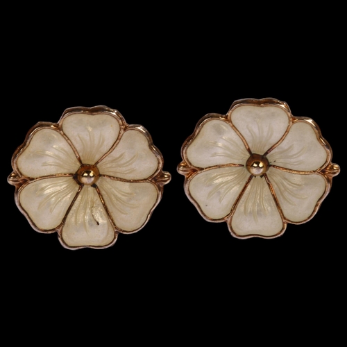 1331 - MEKA - a pair of Danish vermeil sterling silver and white enamel daisy pattern clip-on earrings, dia... 