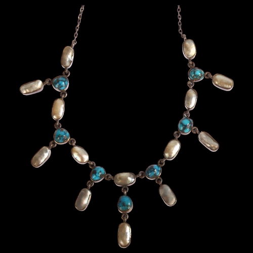 1335 - A silver turquoise and mother-of-pearl set fringed necklace, mid-20th century, length 41cm, unmarked... 