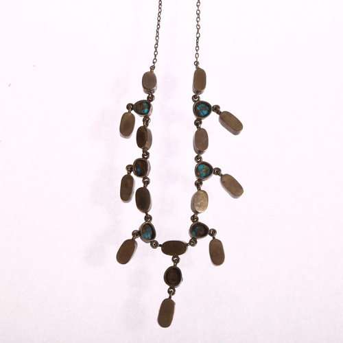 1335 - A silver turquoise and mother-of-pearl set fringed necklace, mid-20th century, length 41cm, unmarked... 