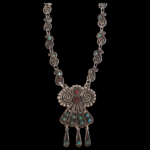 1339 - TAXCO - Mexican sterling silver drop pendant necklace, with turquoise, amethyst and red stone settin... 