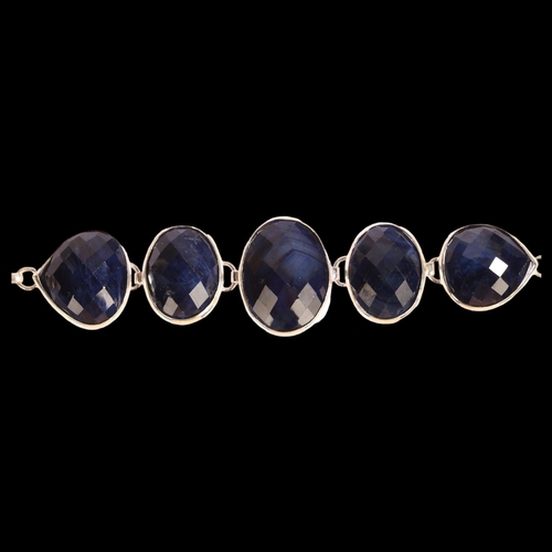 1342 - A modern silver bracelet set with 5 large natural cut sapphires, length 21cm, 40.8g, largest stone 2... 