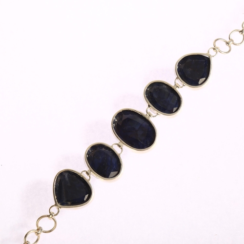 1342 - A modern silver bracelet set with 5 large natural cut sapphires, length 21cm, 40.8g, largest stone 2... 