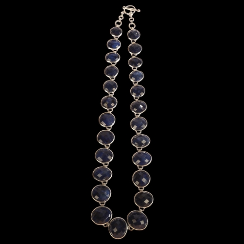 1343 - A large graduated natural cut sapphire set silver necklace, length 48cm, largest sapphire 19mm, 100g