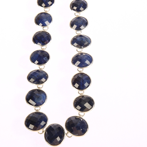 1343 - A large graduated natural cut sapphire set silver necklace, length 48cm, largest sapphire 19mm, 100g