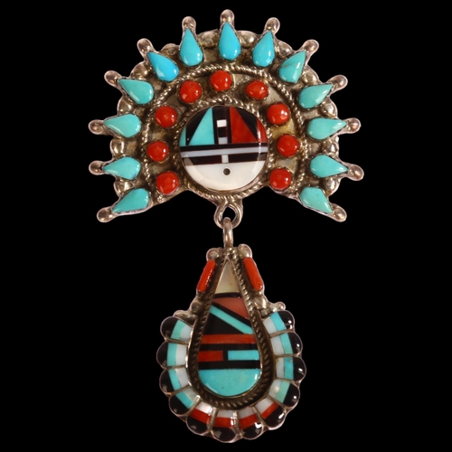 1351 - A Native American silver drop pendant brooch, Zuni (Leo Poblano), inlaid with jet coral mother-of-pe... 