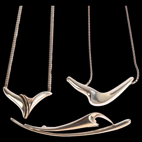 1359 - AAGAARD & SCRUPLES - 2 sterling silver modernist necklaces, and a similar abstract brooch, 25g total