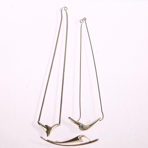 1359 - AAGAARD & SCRUPLES - 2 sterling silver modernist necklaces, and a similar abstract brooch, 25g total