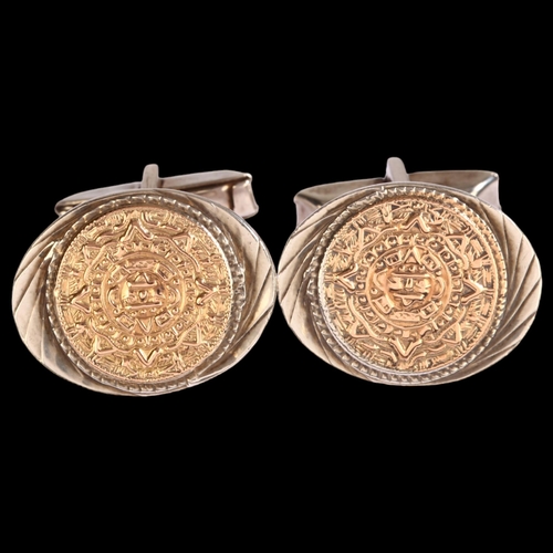 1365 - Mexican sterling silver and 10k gold inlaid cufflinks, with Mayan design, length 22mm, 14g total