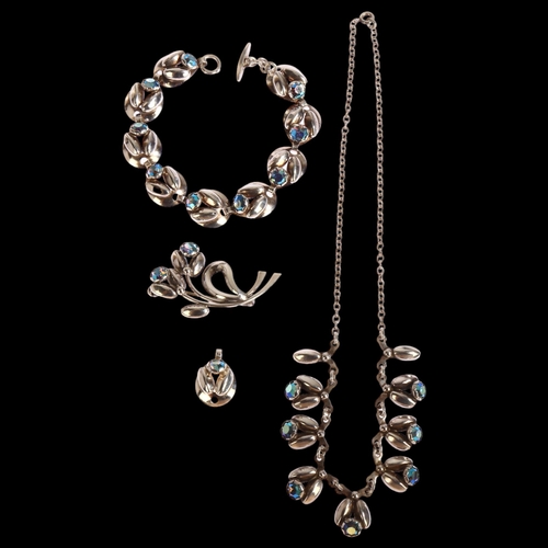 1367 - HERMANN SIERSBOL - a sterling silver and crystal demi-parure necklace, pendant, bracelet and brooch ... 