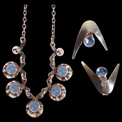 1373 - HERMANN SIERSBOL - a sterling silver and blue moonstone necklace, and silver and blue stone set earr... 