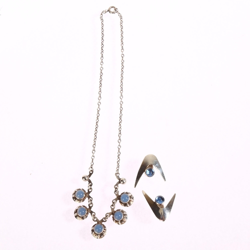 1373 - HERMANN SIERSBOL - a sterling silver and blue moonstone necklace, and silver and blue stone set earr... 