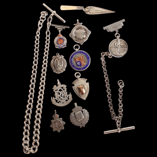 1386 - A mixed group of items, including 2 silver fob chains, 9 various silver and enamel fobs and brooches... 