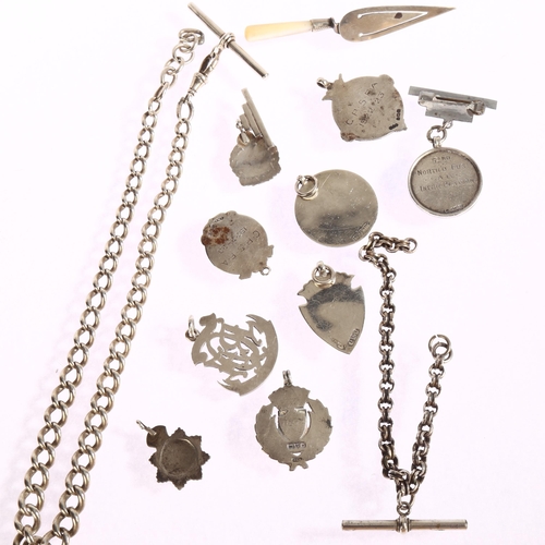 1386 - A mixed group of items, including 2 silver fob chains, 9 various silver and enamel fobs and brooches... 