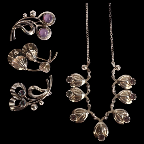 1395 - HERMANN SIERSBOL - a sterling silver and crystal set necklace, and 3 brooches