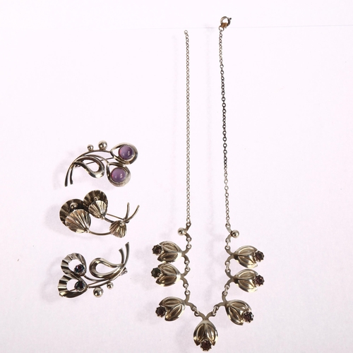 1395 - HERMANN SIERSBOL - a sterling silver and crystal set necklace, and 3 brooches