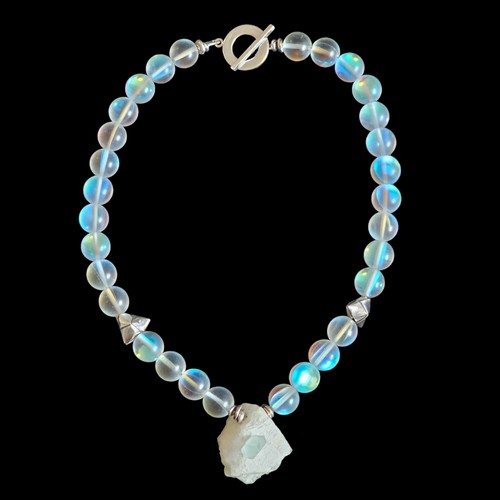 1330 - An opalite bead necklace with natural aquamarine crystal pendant below, by Tessa Sambrook (ROKZ), si... 