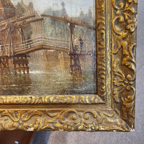 651 - 19th century Dutch School, bridge over a canal, indistinctly signed, 20cm x 25cm, framed