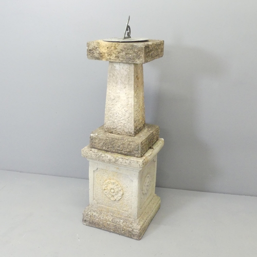 2723 - A weathered concrete sundial, mounted upon a square-topped garden pedestal with Tudor rose decoratio... 