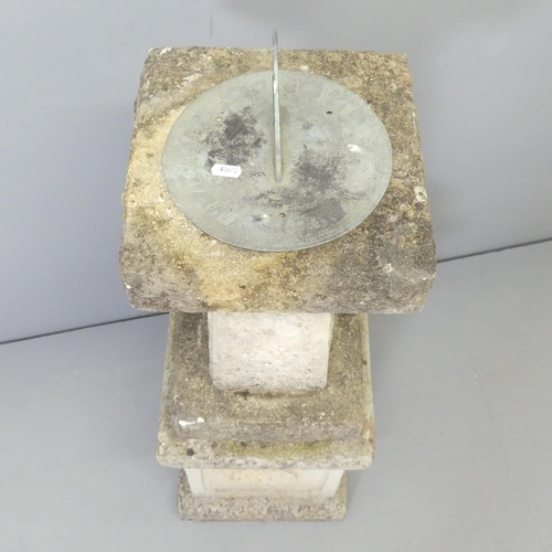 2723 - A weathered concrete sundial, mounted upon a square-topped garden pedestal with Tudor rose decoratio... 