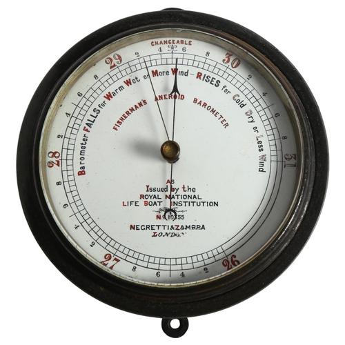 103 - NEGRETTI & ZAMBRA - an RNLI issued fisherman's aneroid barometer, no. 10355, diameter 15.5cm