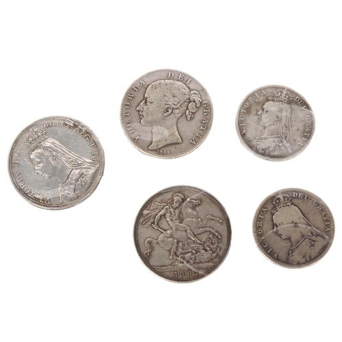 123 - 5 various Victorian silver coins, to include 3 x 19th crowns, 1844 1887 and 1898, and 2 half crowns