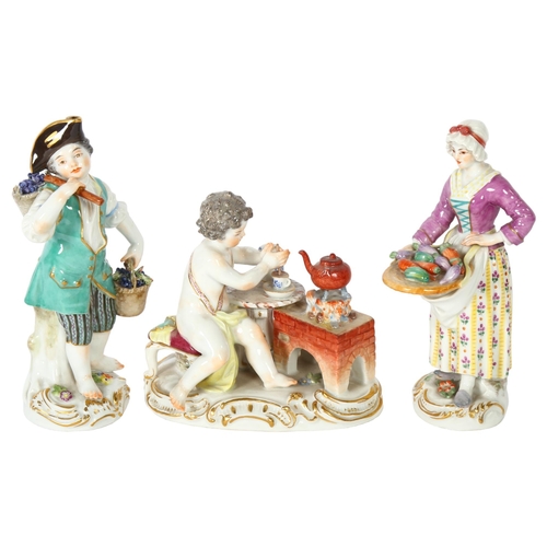 137 - A pair of Meissen porcelain figures, boy with a basket of fruit, and a maiden with a basket of veget... 