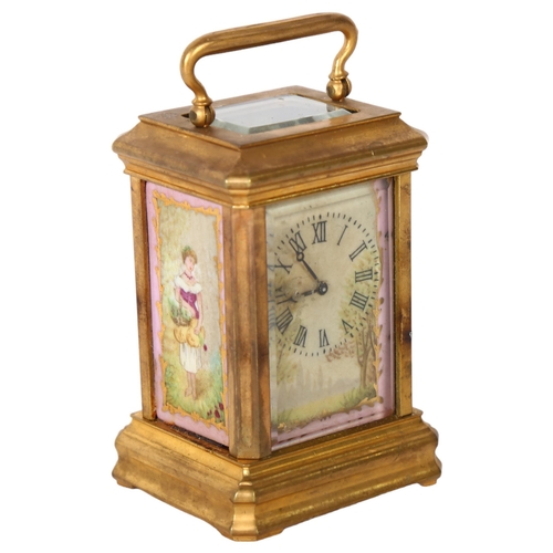 154 - A miniature modern brass-cased carriage clock, with painted ceramic panels, height not including the... 