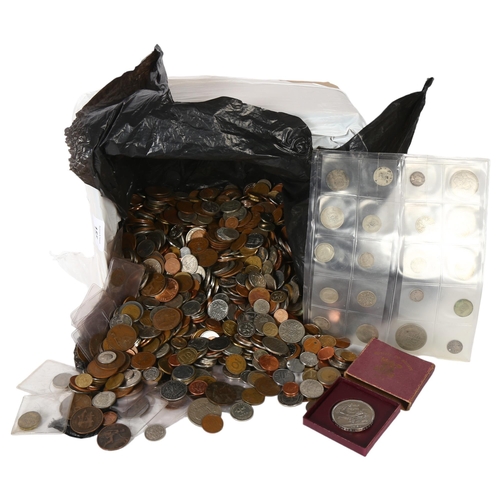 155 - A large quantity of pre-decimal UK and worldwide coins, and 2 sleeves of English silver coins etc