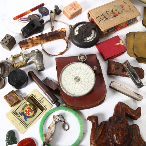 161 - A tray of various items, to include a silver plated Buddha figure, horn-handled penknife, Victorian ... 