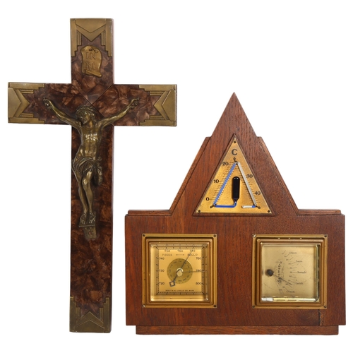 172 - A 1930s Italian combination aneroid barometer, in Art Deco style, and a wooden crucifix with brass f... 