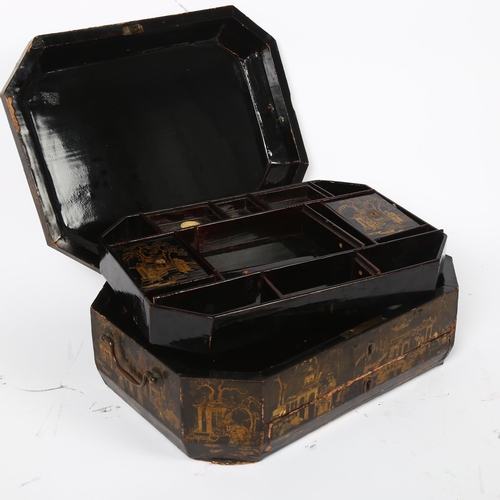 18 - A 19th century Chinese lacquered travelling box, with a tray-fitted interior and drawer under, allov... 