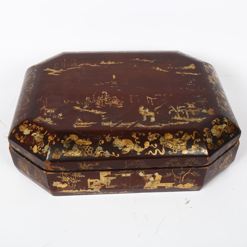 19 - A 19th century Chinese red lacquered games box, the lift-off lid revealing a set of 7 fitted lidded ... 