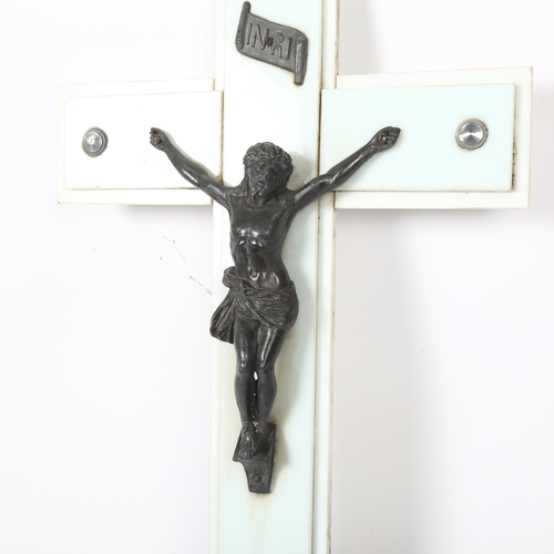 38 - A large white marble cross with a pewter figure of Jesus, H61cm, with an aluminium back