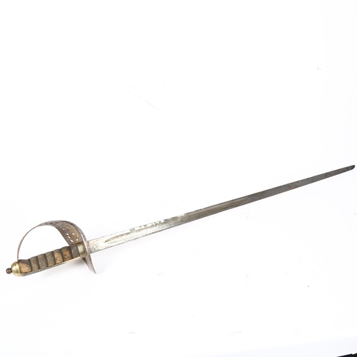 49 - An early 20th century Cavalry sword, with scrolled steel hilt and shagreen handle and engraved blade... 