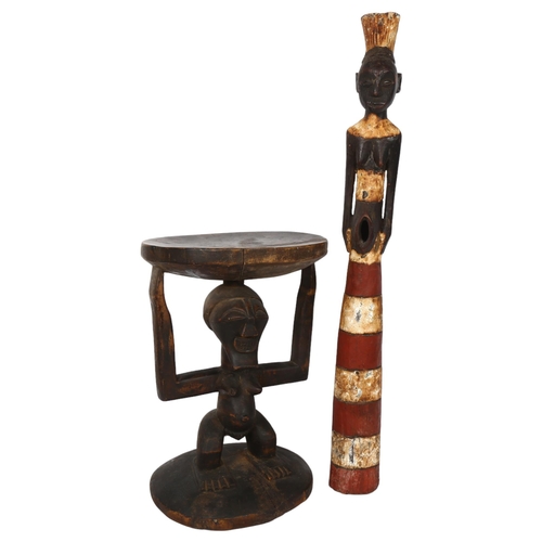 83 - Congo African Tribal carved wood stool, supported by a figure, height 42cm, and a carved and painted... 