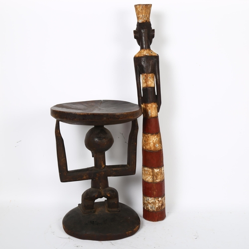 83 - Congo African Tribal carved wood stool, supported by a figure, height 42cm, and a carved and painted... 