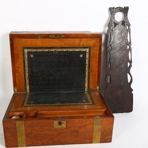 182 - A brass-bound Victorian writing slope, with original inkwell, a boxed piece of Liberty linen, and an... 