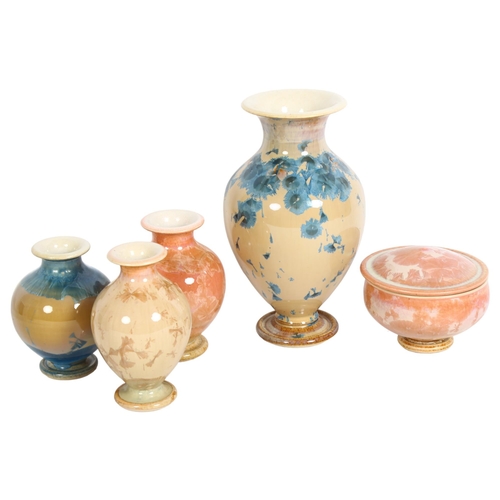 187 - A group of 4 Crystalline glaze vases, and a small lidded Crystalline glaze lidded pot, maker's mark ... 